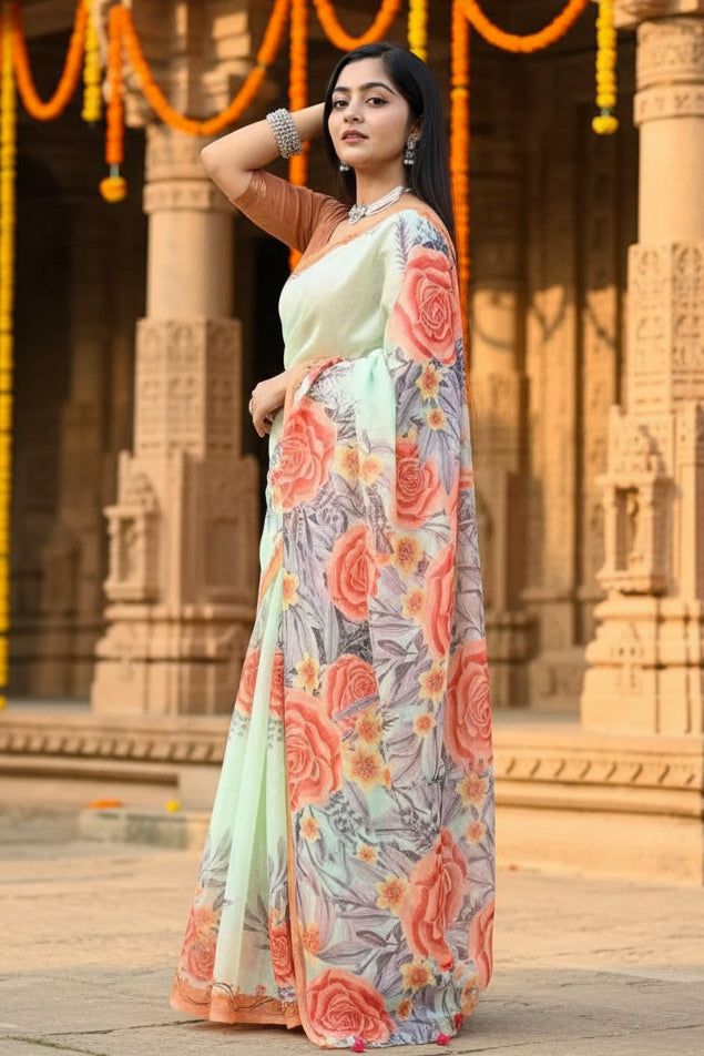 Linen Floral Printed Saree With Unstitched Blouse(green) image 2