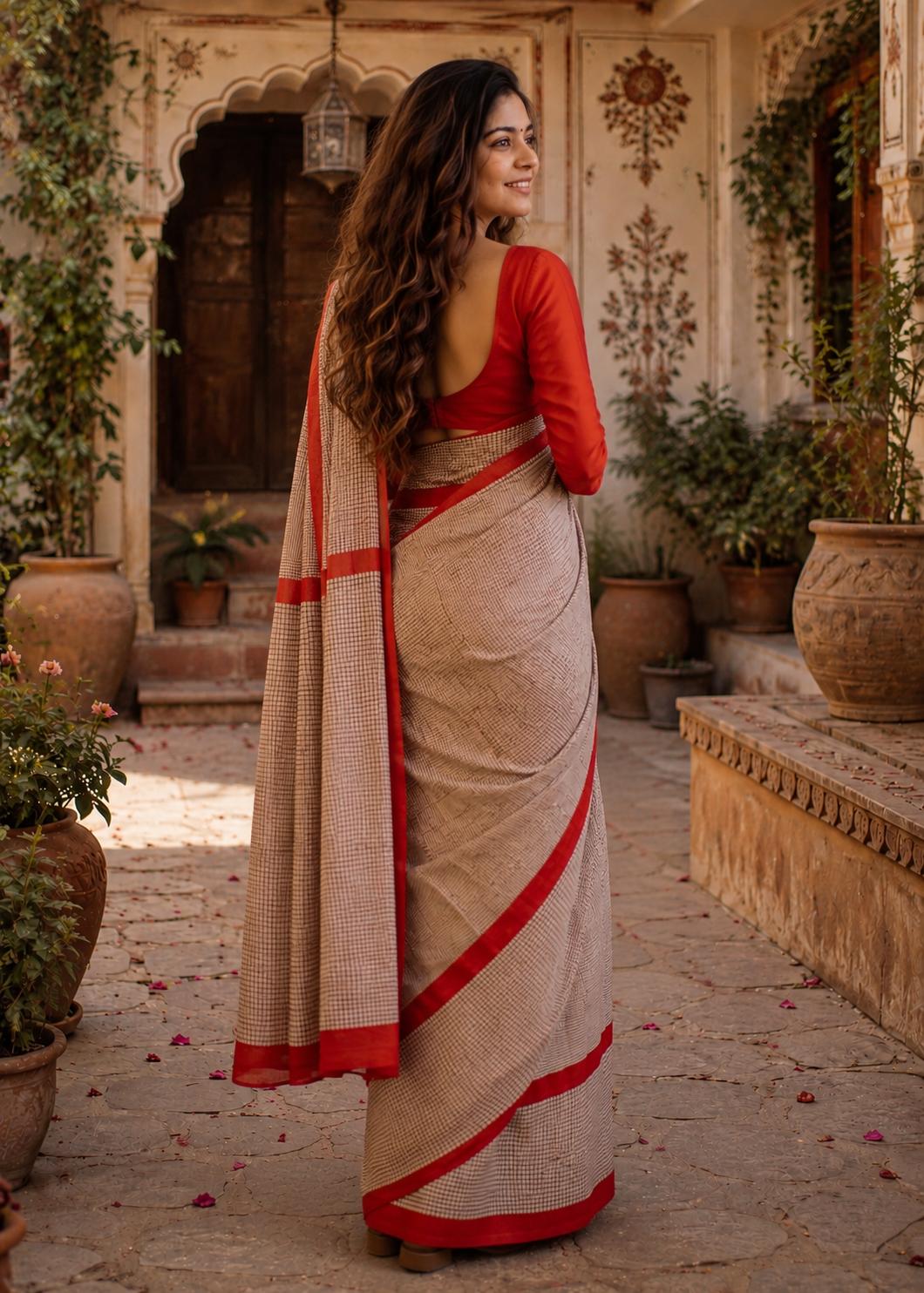 Mulmul Cotton Block Printed Saree With Unstitched Blouse(red) image 2