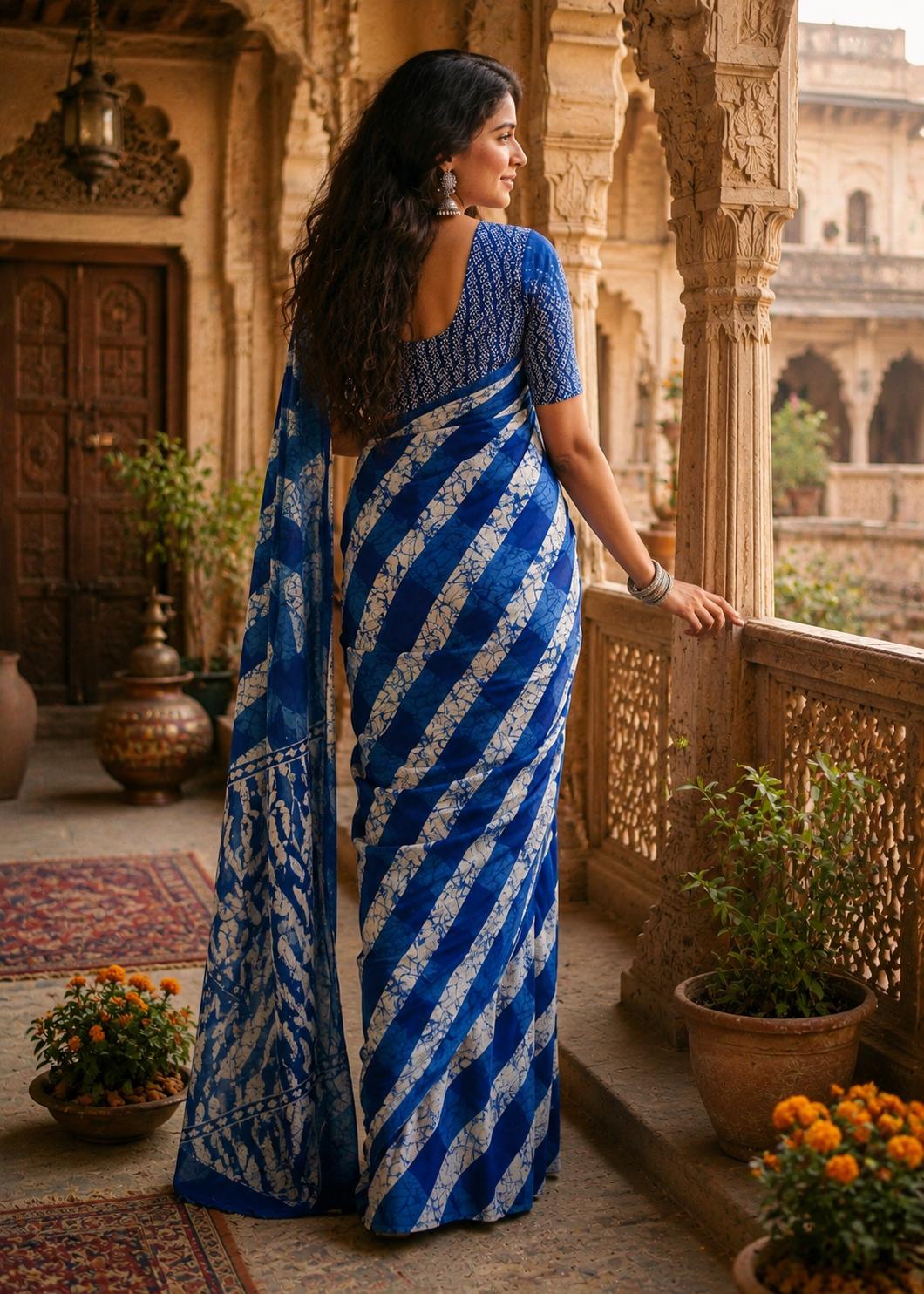 Mulmul Cotton Batik Hand Block Printed Saree With Unstitched Blouse(blue) image 2