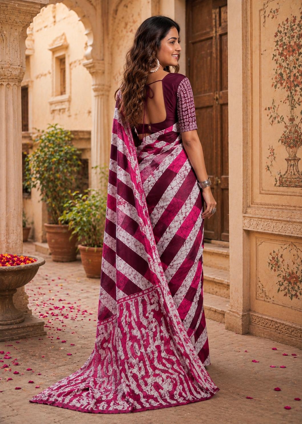 Mulmul Cotton Batik Hand Block Printed Saree With Unstitched Blouse(pink) image 2