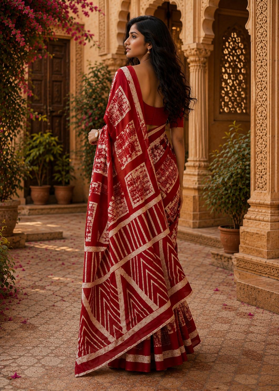 Mulmul Cotton Batik Hand Block Print Saree With Unstitched Blouse(red) image 2