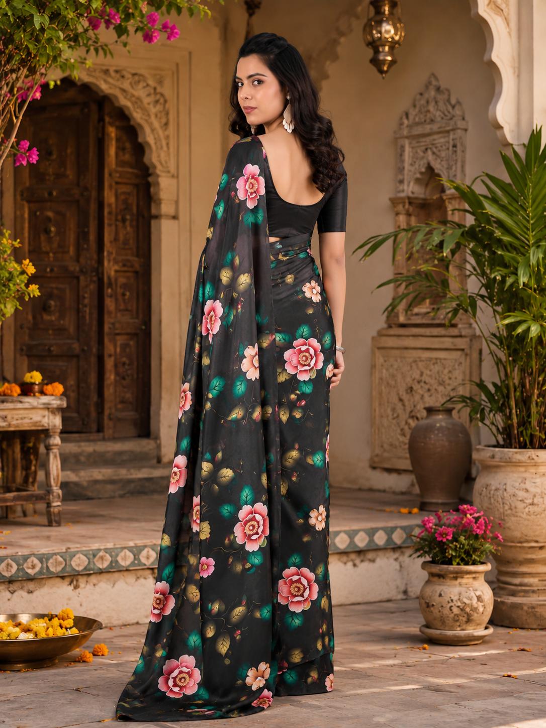 Soft Georgette Satin Floral Printed Saree With Unstitched Blouse(black) image 2