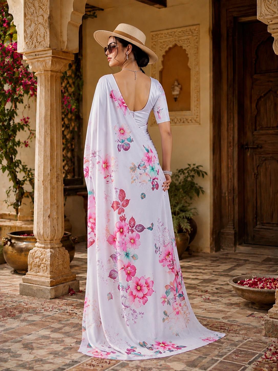 Soft Georgette Satin Printed Saree With Unstitched Blouse(white) image 2