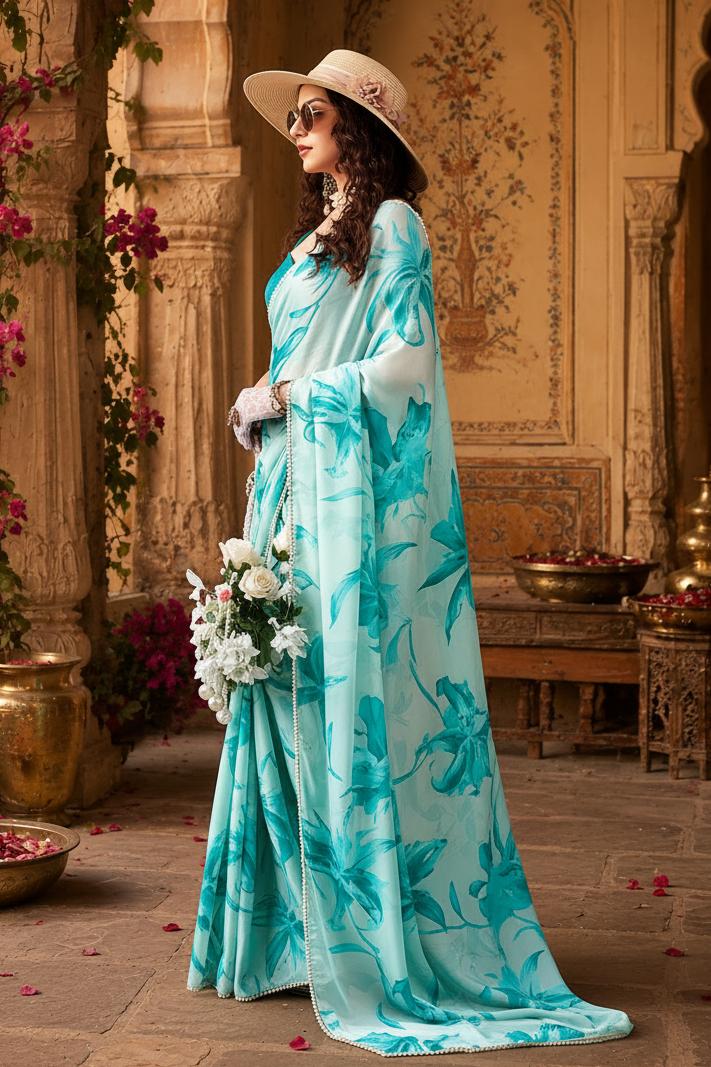 Satin Silk Floral Print Saree With Unstitched Blouse(teal) image 2