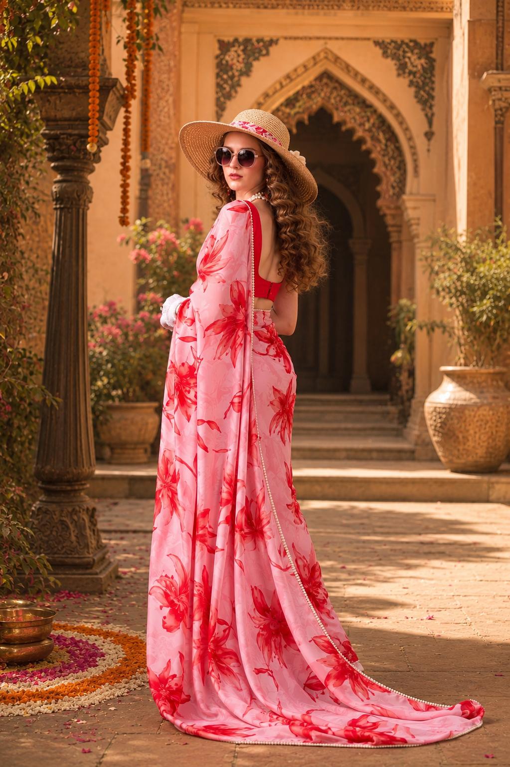 Satin Silk Floral Print Saree With Unstitched Blouse(red) image 2
