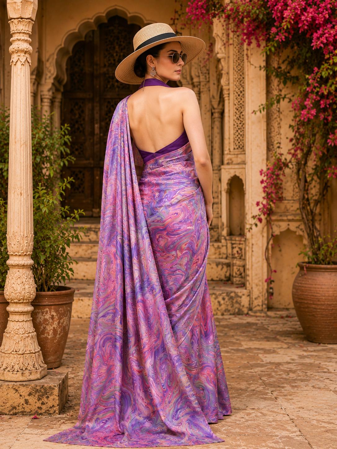 Satin Silk Party Wear Saree With Unstitched Blouse(lavender) image 2