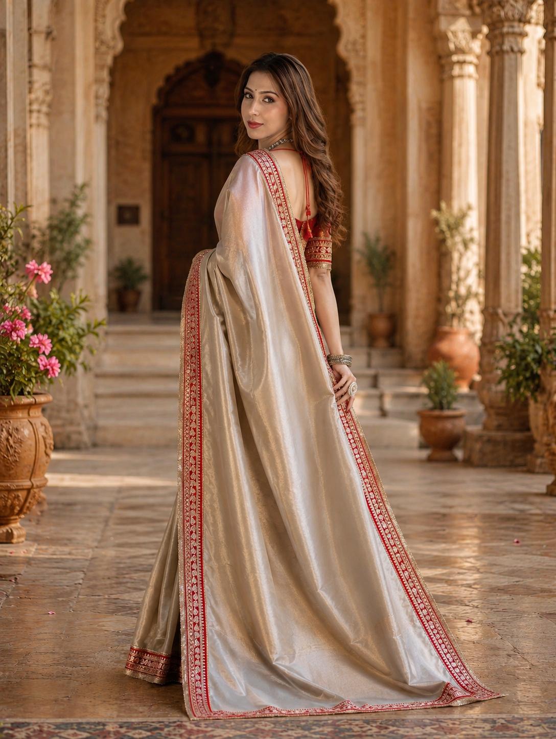 Twill Net Dori Embroidery Work Saree With Unstitched Blouse(grey) image 2