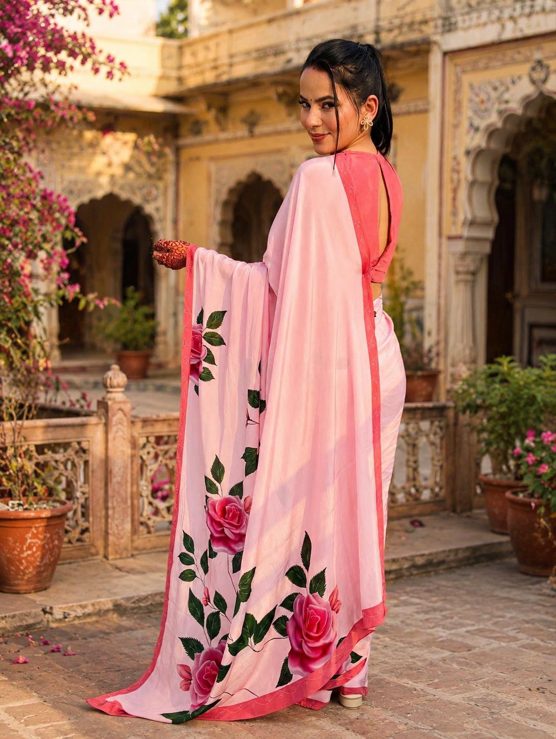Satin Silk Printed Saree With Unstitched Blouse(pink) image 2