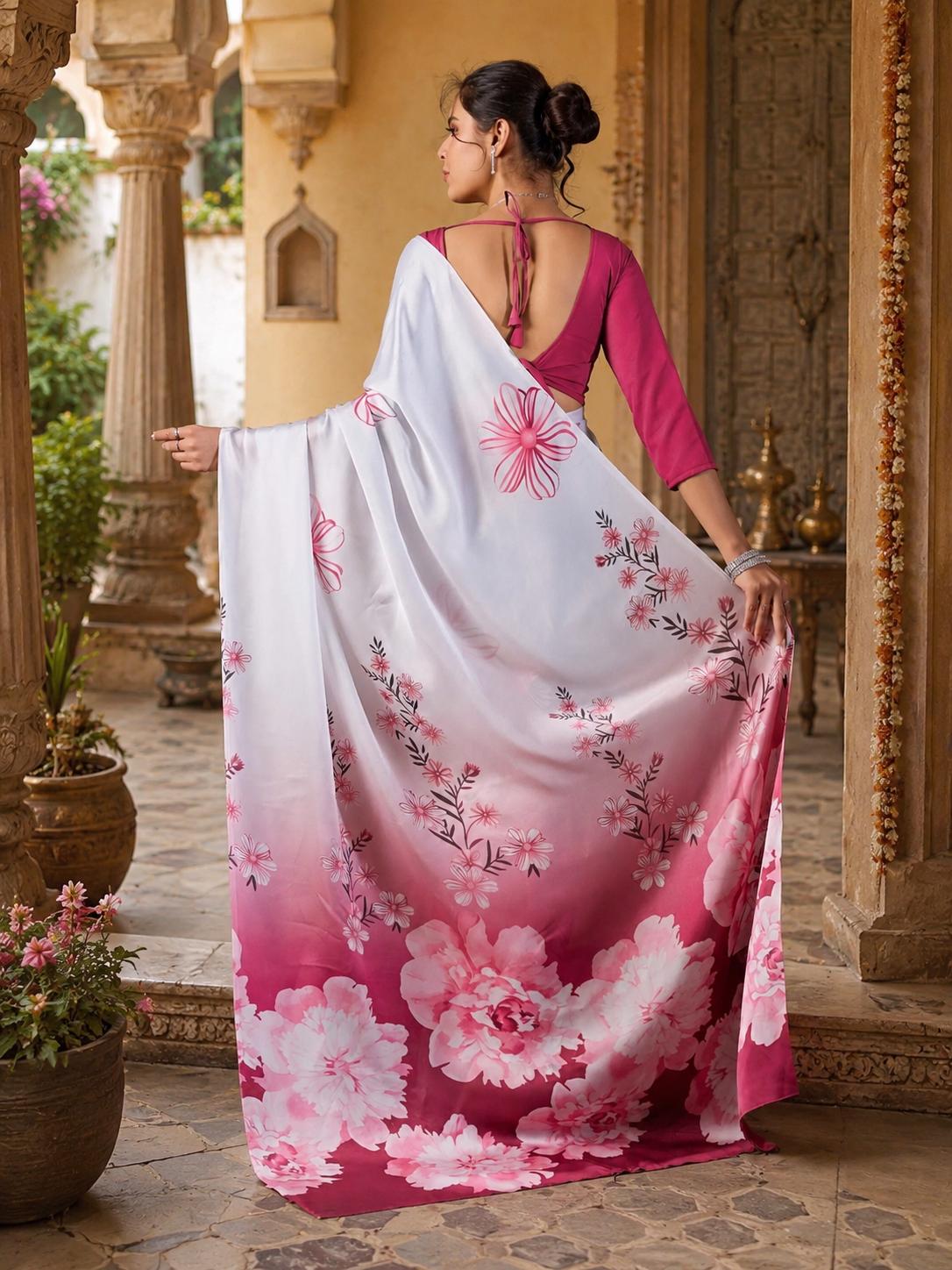 Georgette Satin Printed Saree With Unstitched Blouse(white) image 2