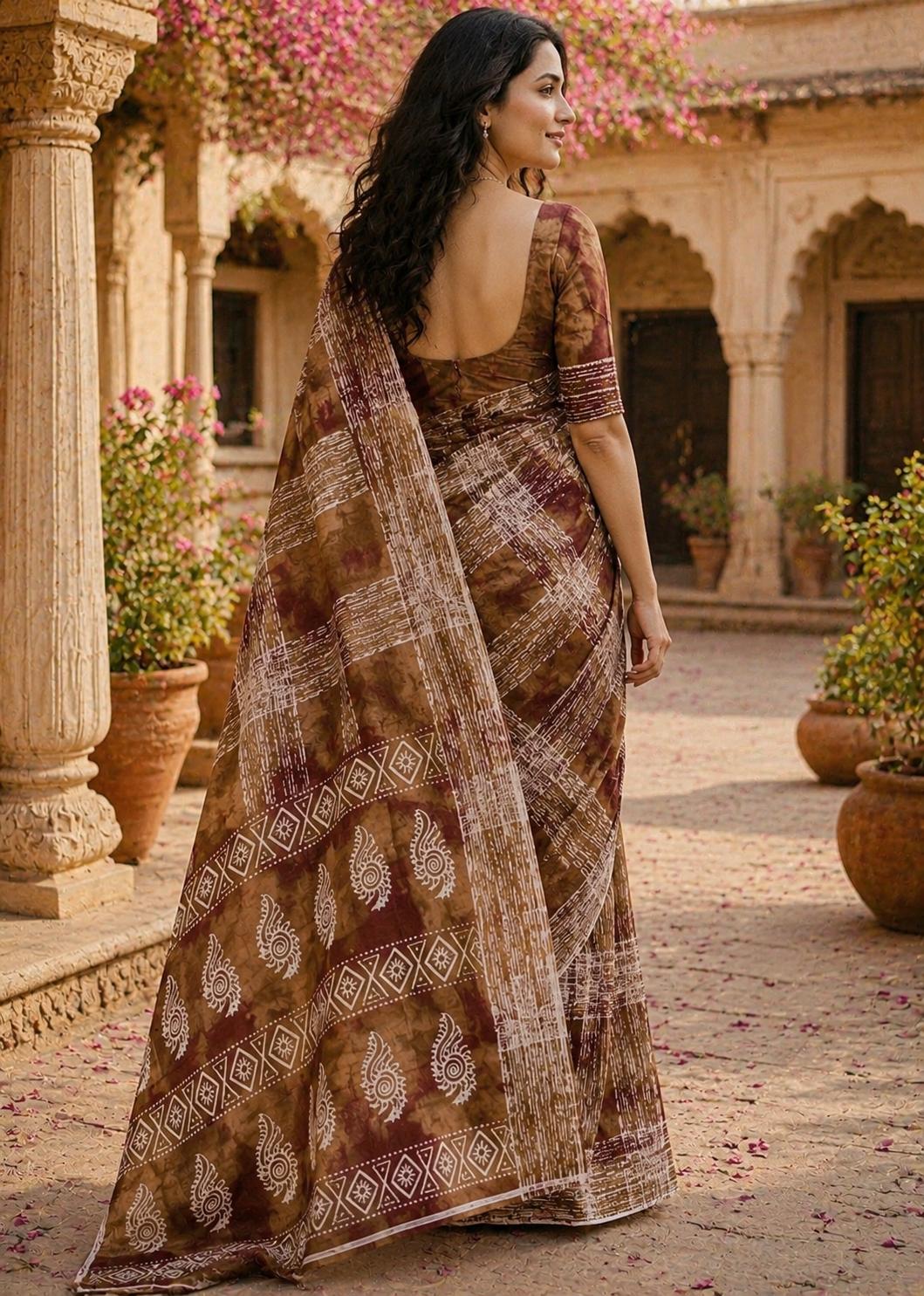 Mulmul Cotton Printed Saree With Unstitched Blouse(brown) image 2