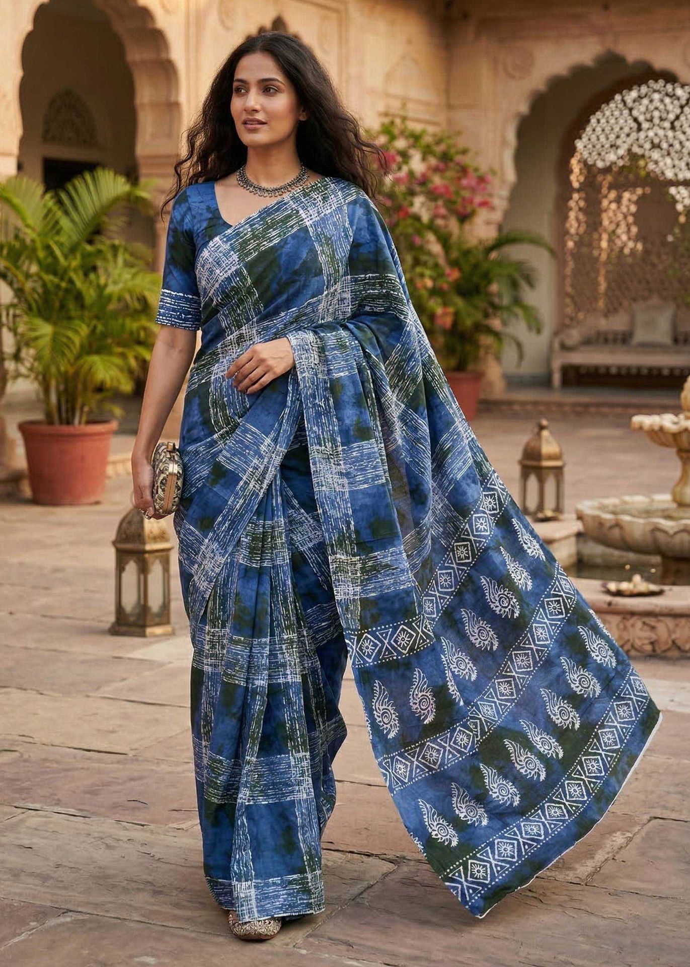 Mulmul Cotton Printed Saree With Unstitched Blouse(blue) image 2
