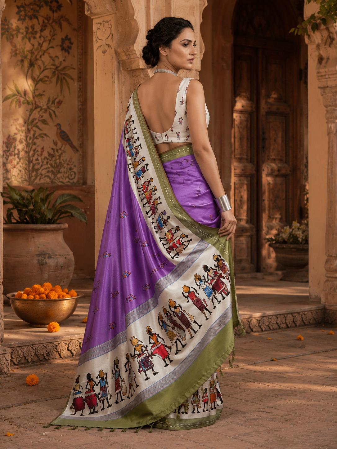 Mulmul Cotton Digital Print Saree With Unstitched Blouse(violet) image 2