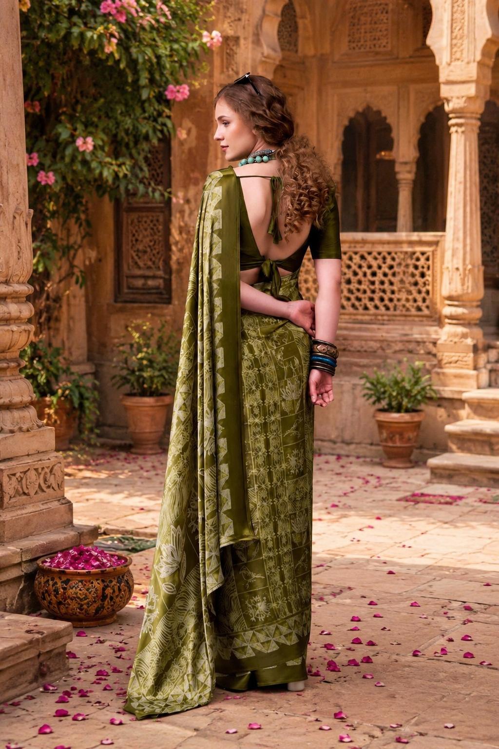 Satin Silk Designer Saree With Unstitched Blouse(green) image 2