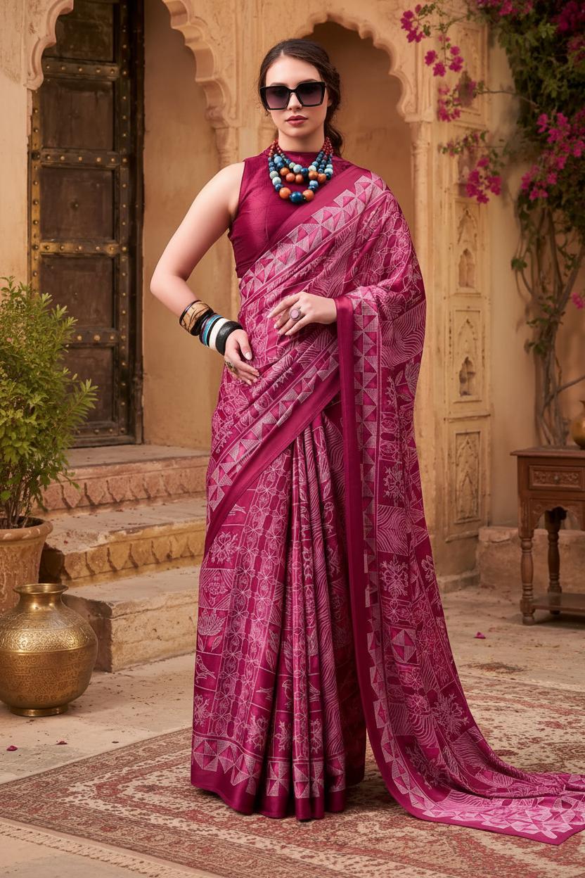 Satin Silk Designer Saree With Unstitched Blouse(pink) image 2
