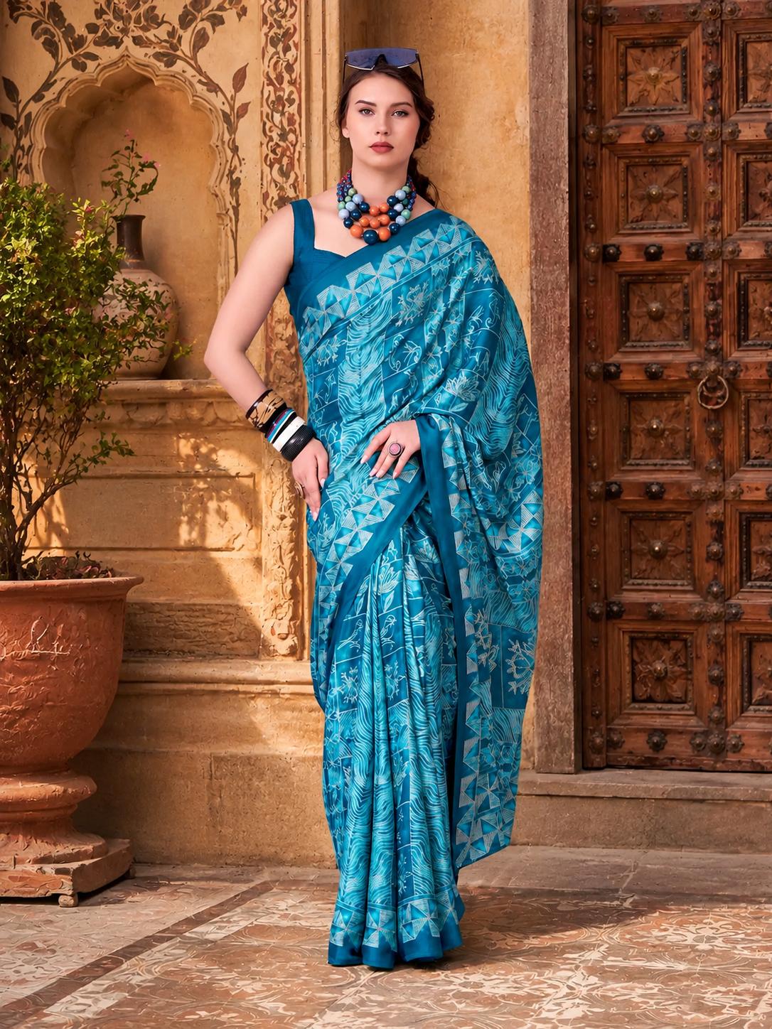 Satin Silk Designer Saree With Unstitched Blouse(blue) image 2