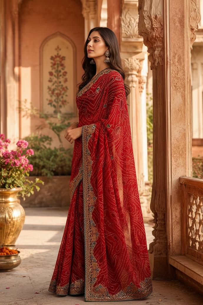 Georgette Embroidery Work Saree With Unstitched Blouse(red) image 2