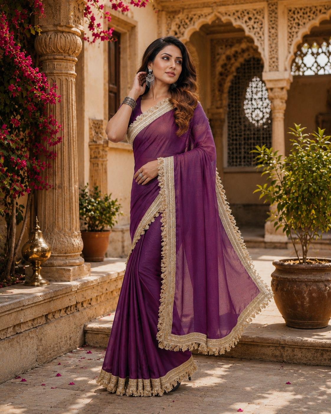 Georgette Lace Border Saree With Unstitched Blouse(puple) image 2