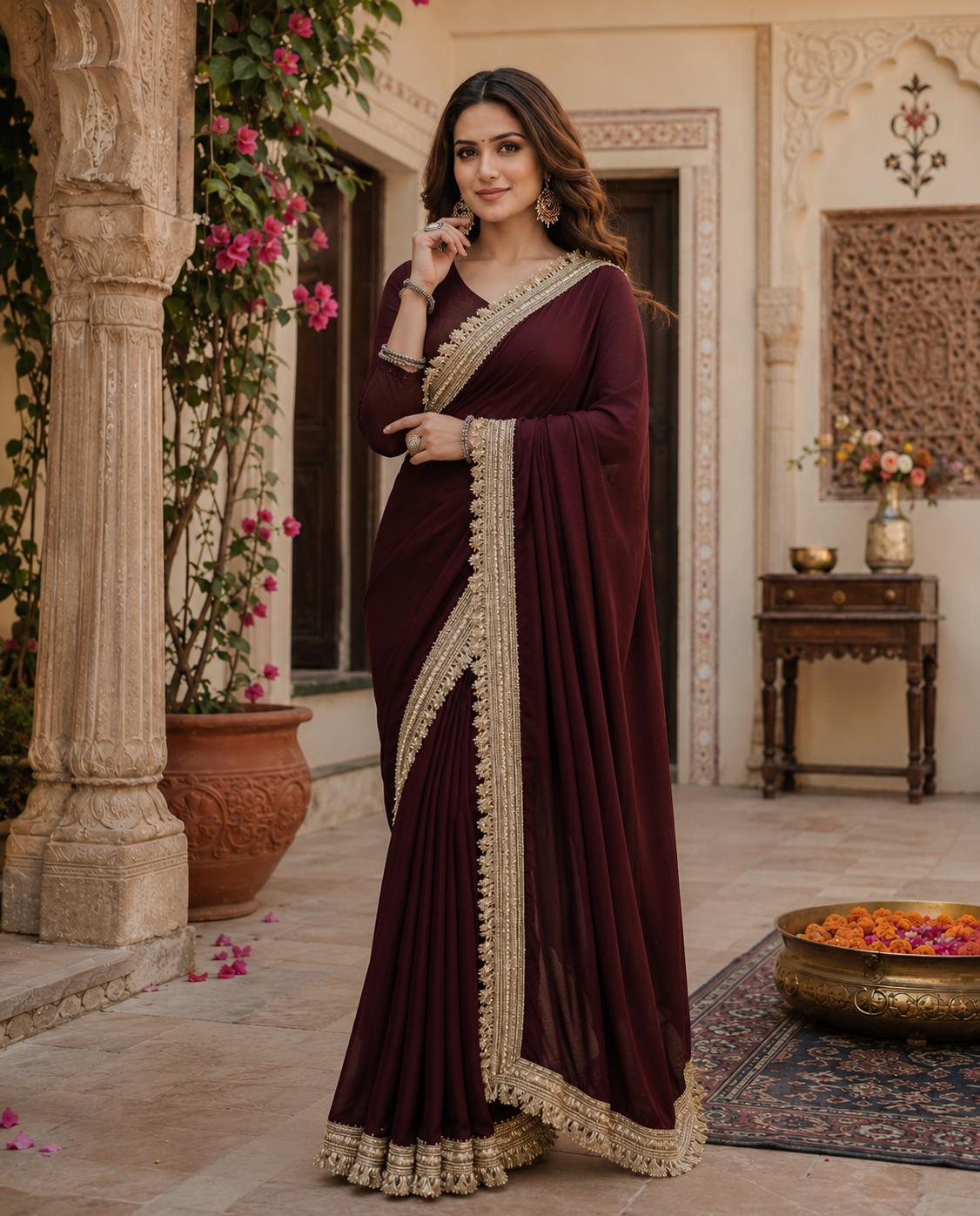 Georgette Lace Border Saree With Unstitched Blouse(maroon) image 2