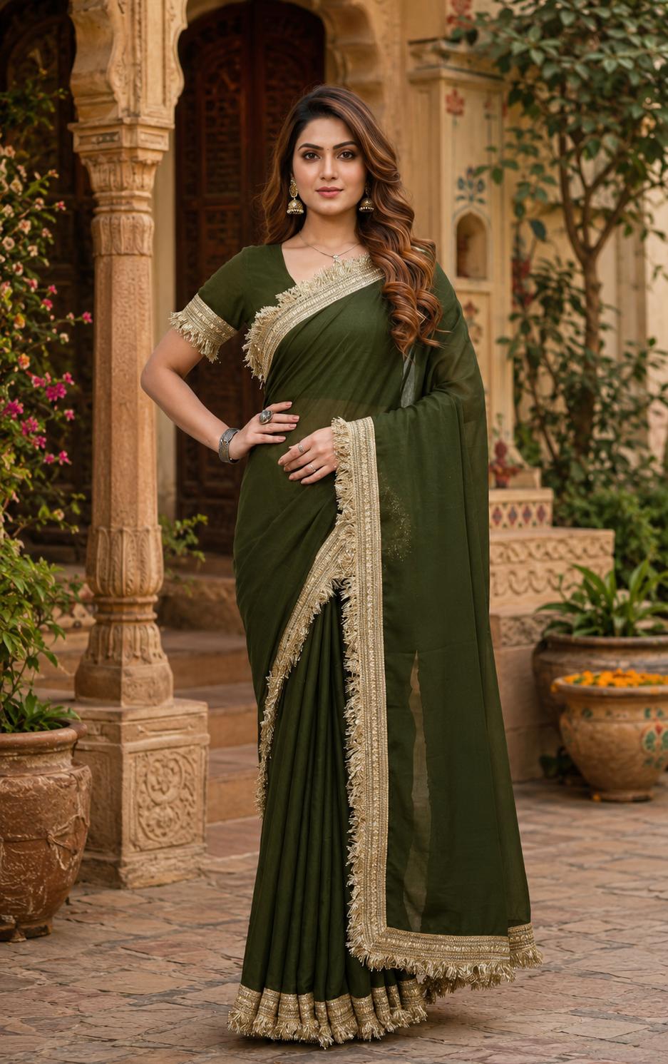 Georgette Lace Border Saree With Unstitched Blouse(green) image 2