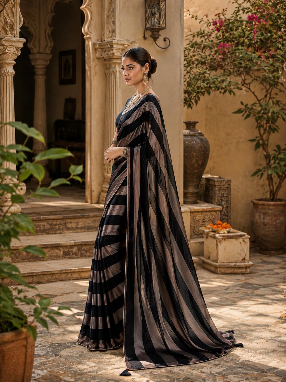 Satin Silk Saree With Unstitched Blouse(black) image 2