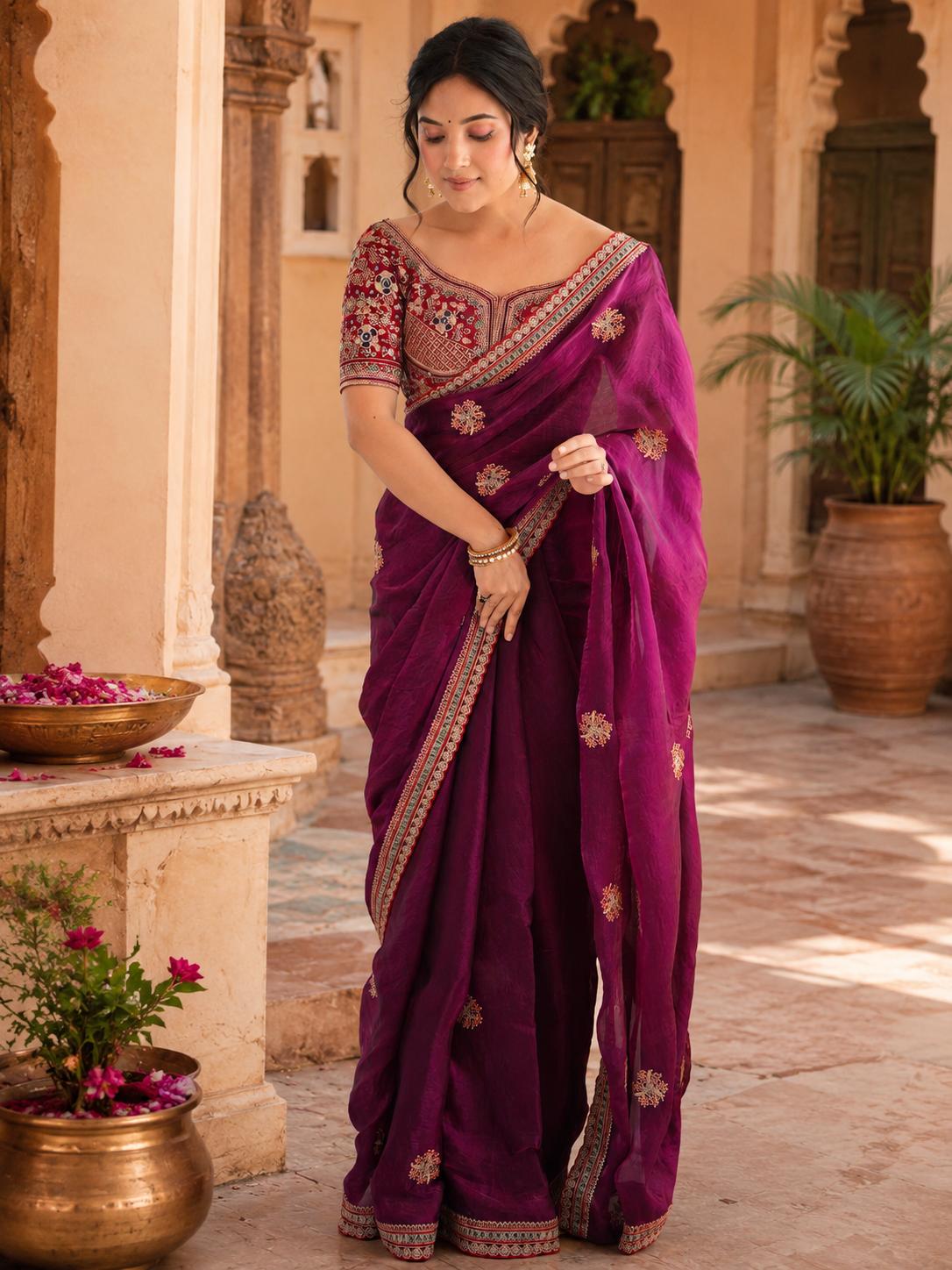 Satin Embroidery Work Saree With Unstitched Blouse(wine) image 2