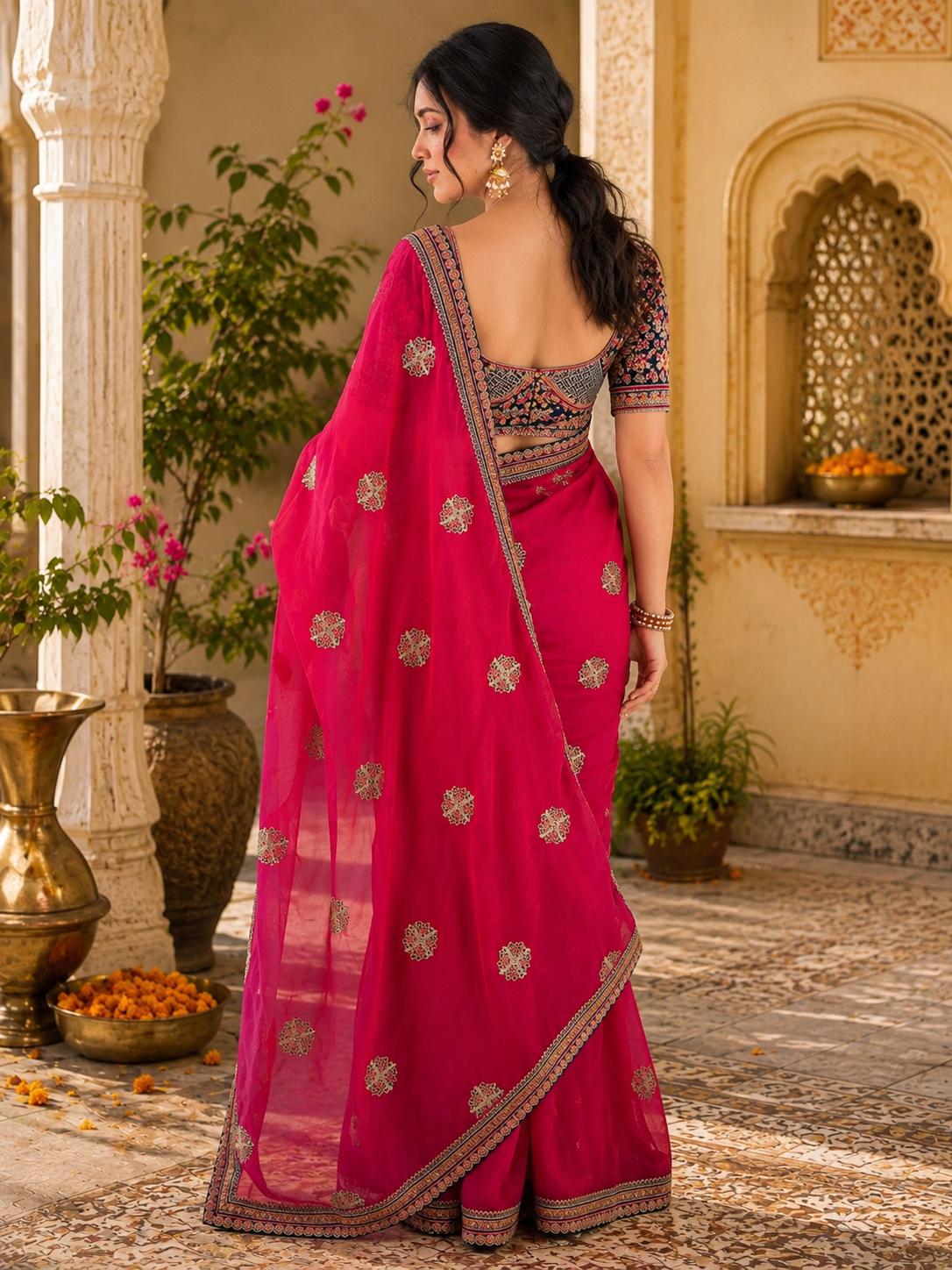Satin Embroidery Work Saree With Unstitched Blouse(rani) image 2
