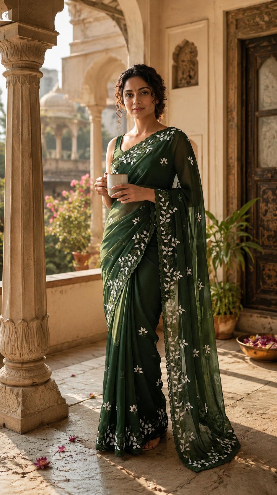 Georgette Embroidery Work Floral Print Saree With Unstitched Blouse(green) image 2
