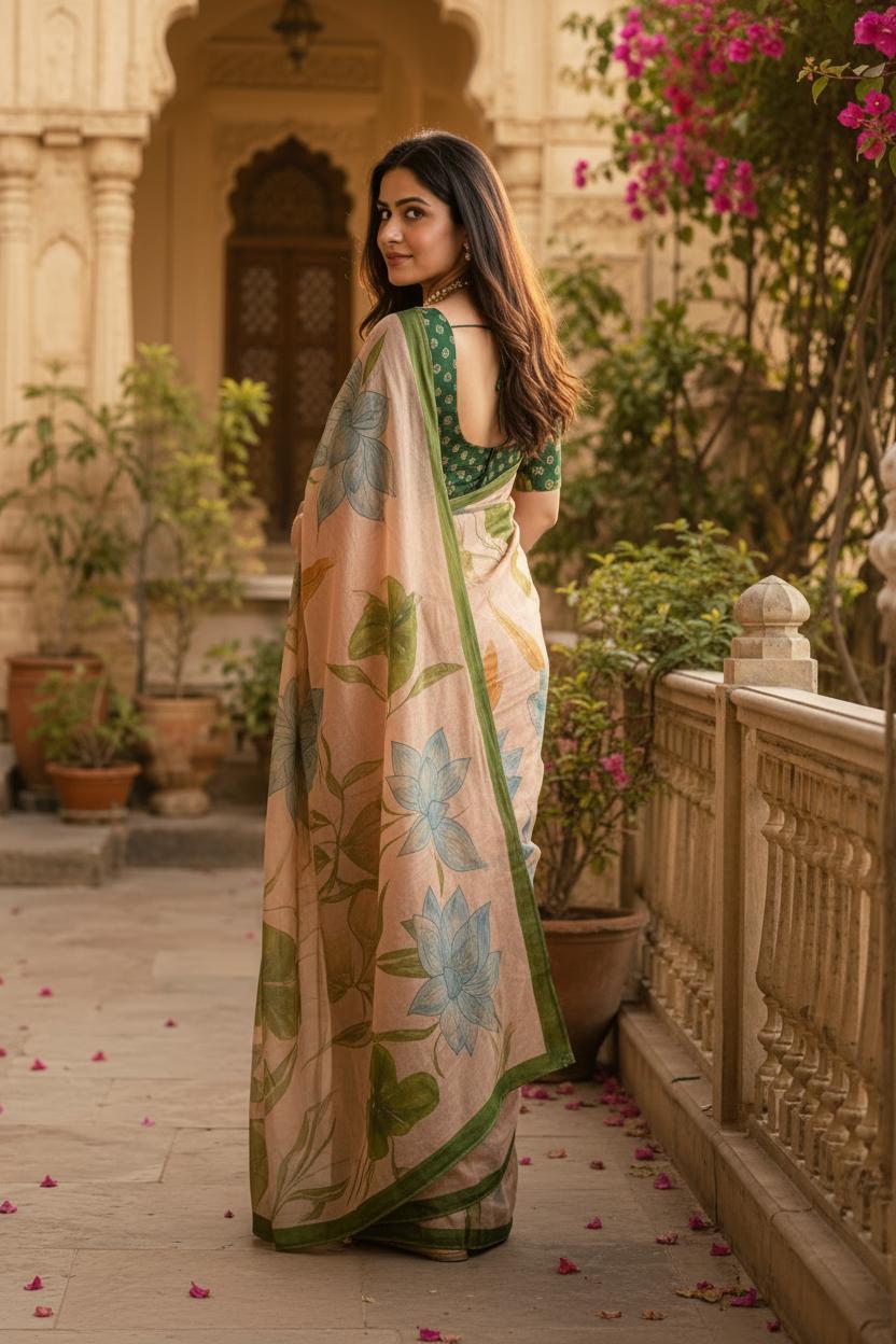 Cotton Floral Digital Print Saree With Unstitched Blouse(peach) image 2