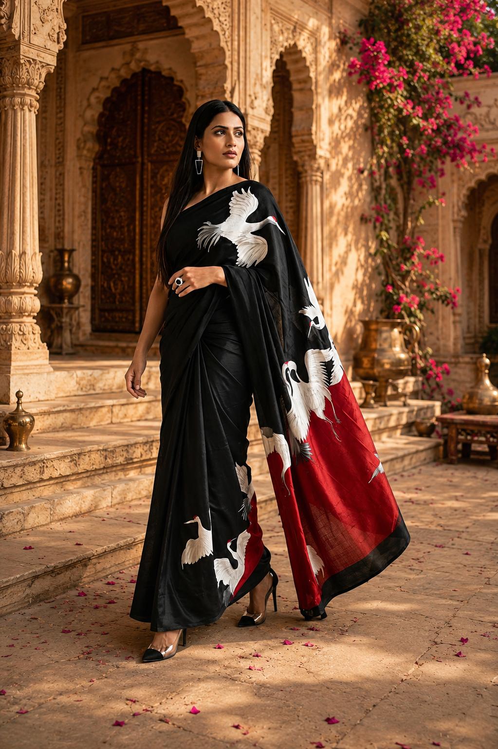 Swan Georgette Digital Print Saree Unstitched Blouse(black) image 2