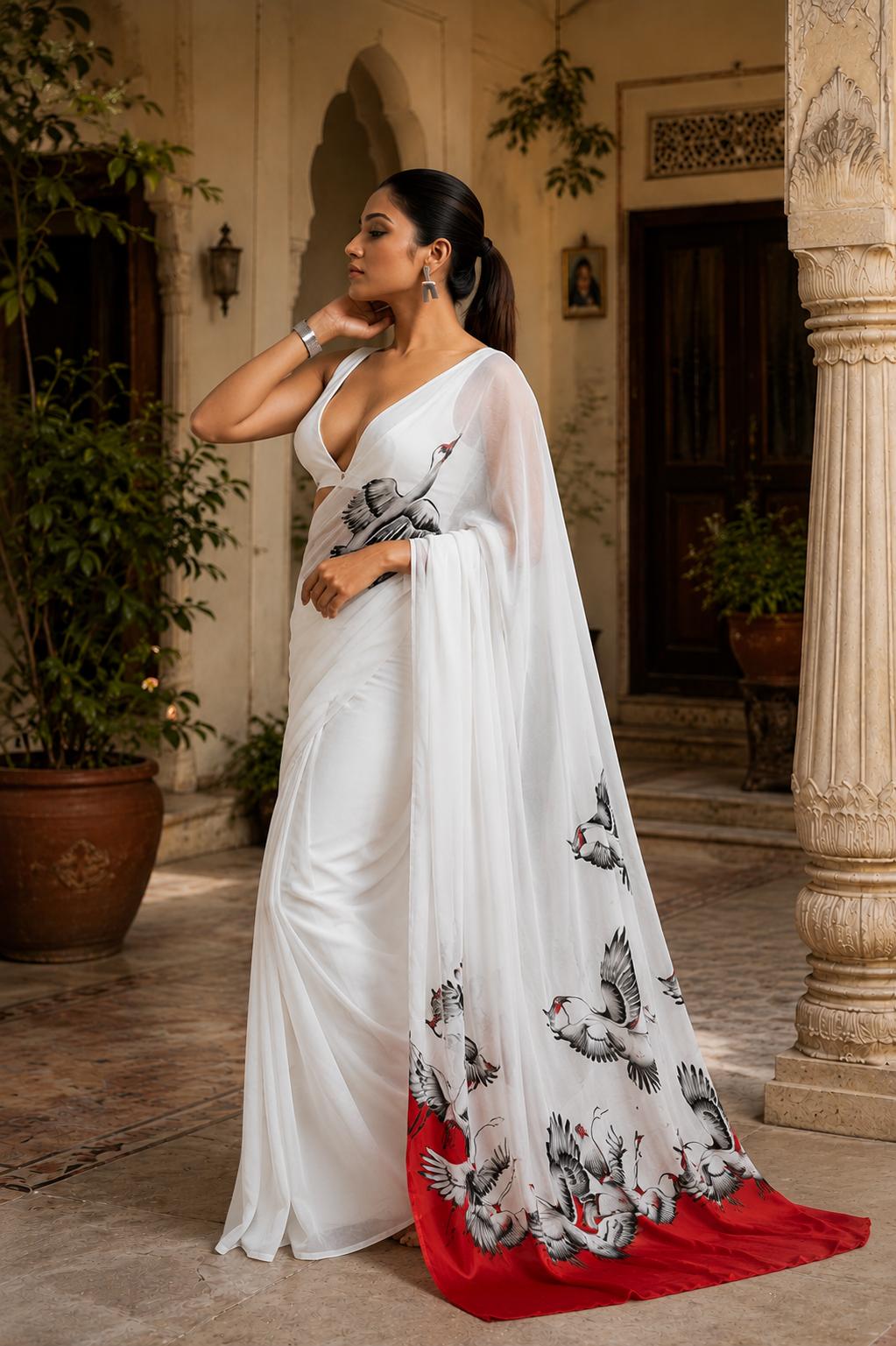 Swan Georgette Digital Print Saree Unstitched Blouse(white) image 2