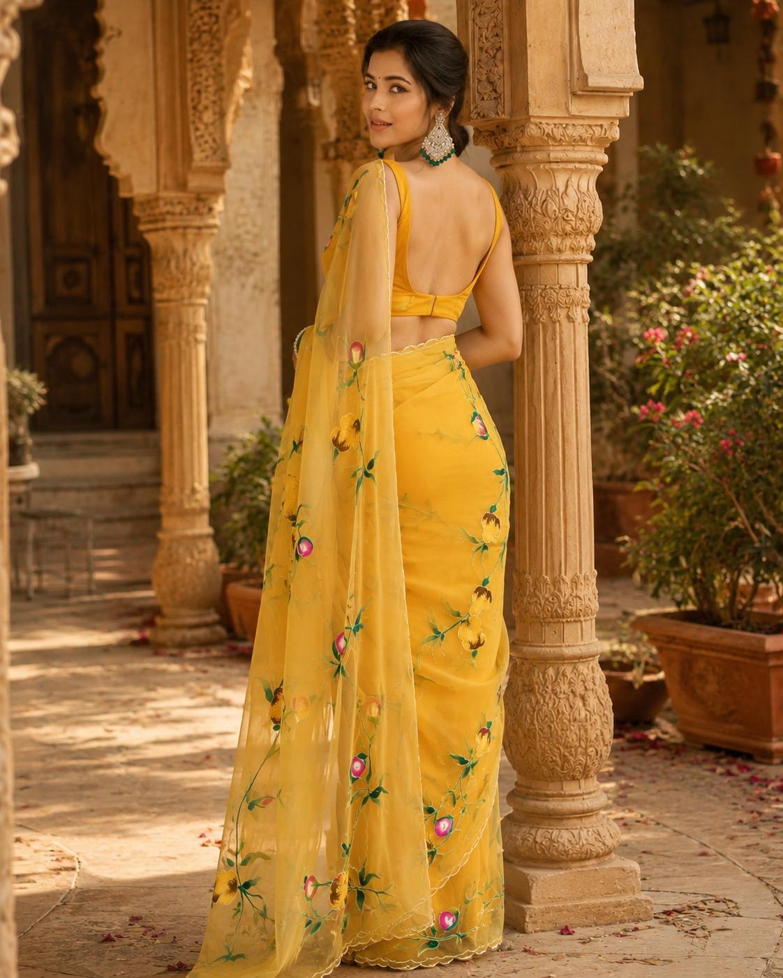 Organza Silk Ready To Wear Printed Saree With Unstitched Blouse(yellow) image 2