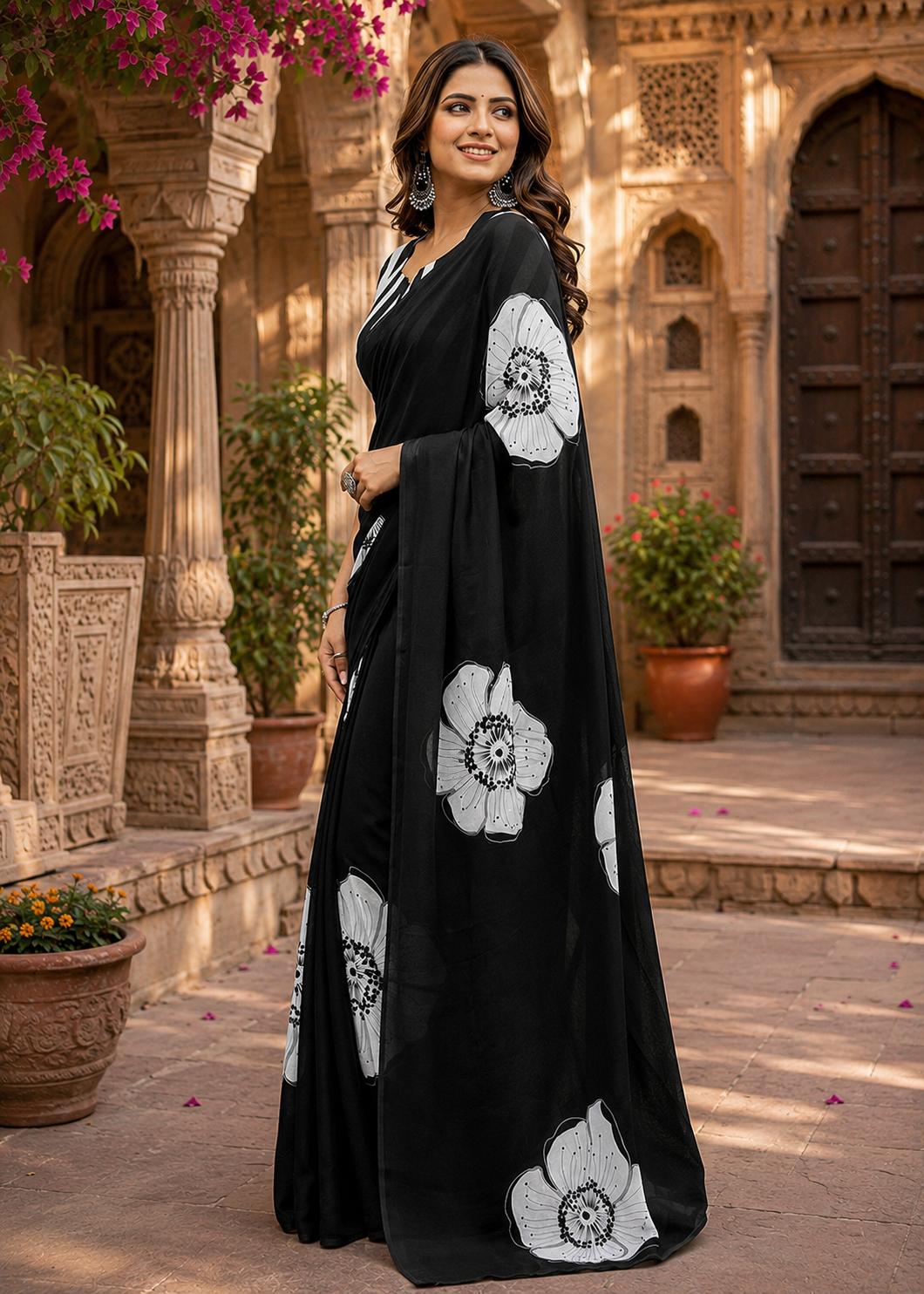 Cotton Block Flower Print Saree With Unstitched Blouse(black) image 2