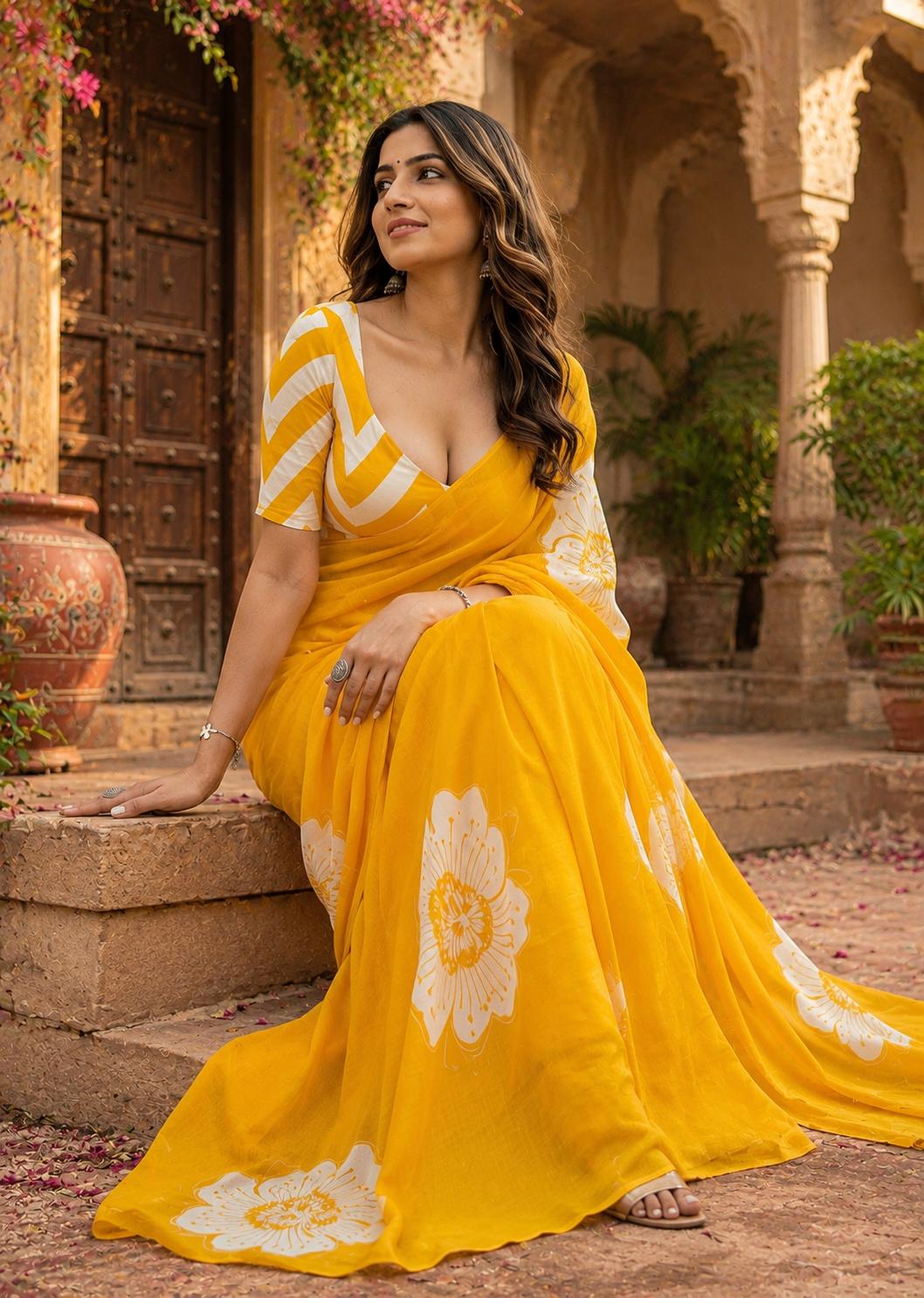 Cotton Block Flower Print Saree With Unstitched Blouse(yellow) image 2