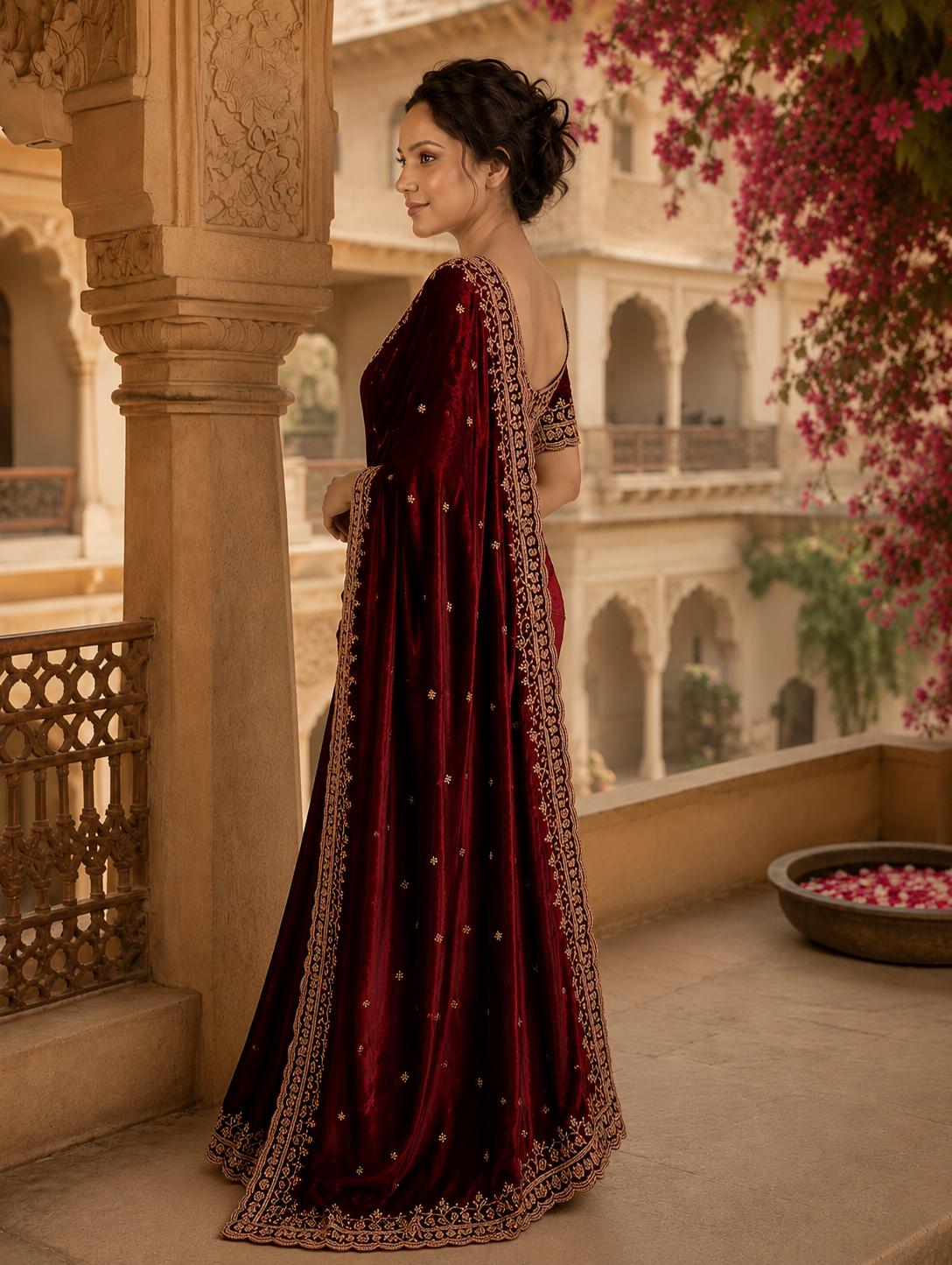Satin Silk Embroidery Work Saree With Unstitched Blouse(wine) image 2