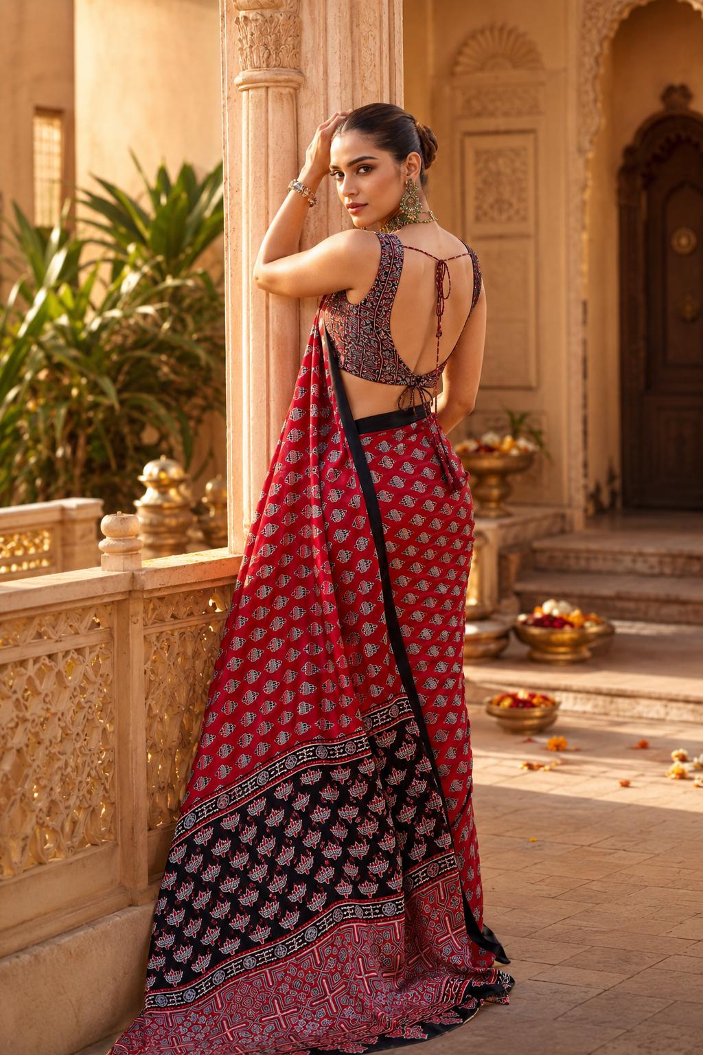 Satin Ajrakh Printed Saree With Unstitched Blouse(red) image 2