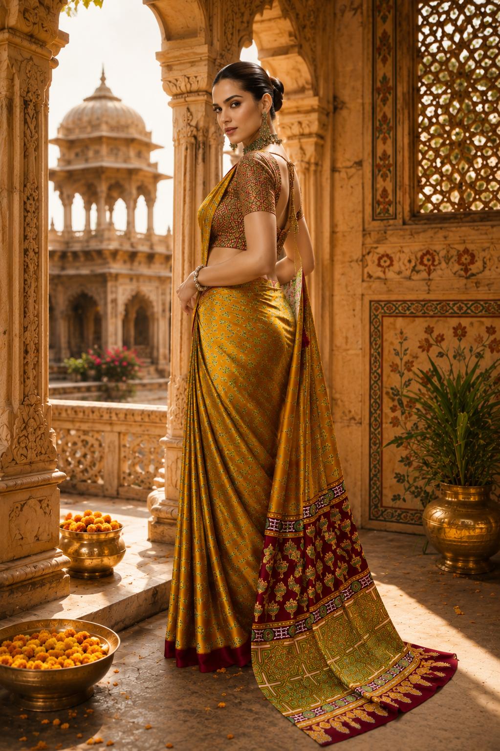 Satin Ajrakh Printed Saree With Unstitched Blouse(yellow) image 2