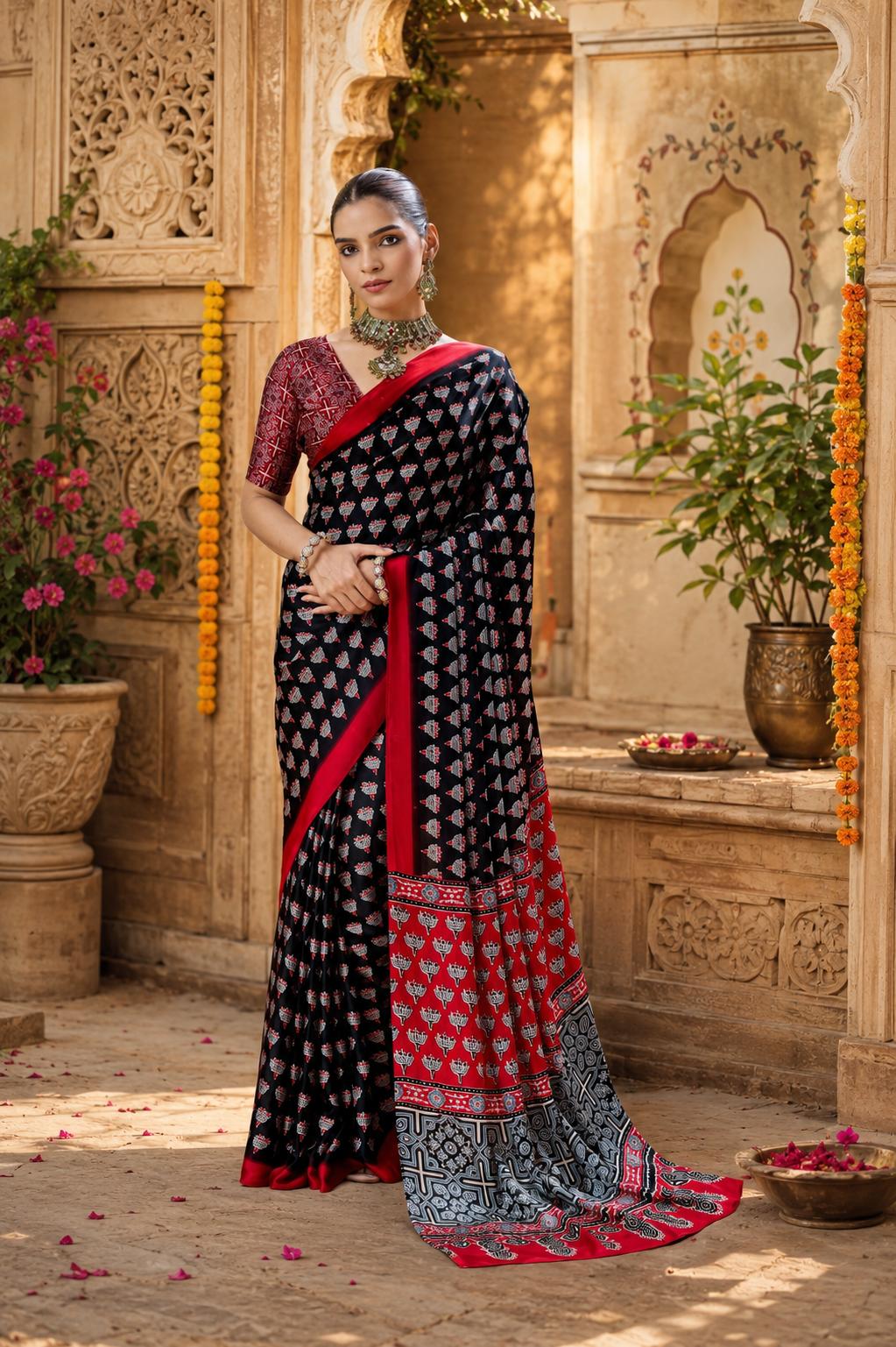 Satin Ajrakh Printed Saree With Unstitched Blouse(black) image 2