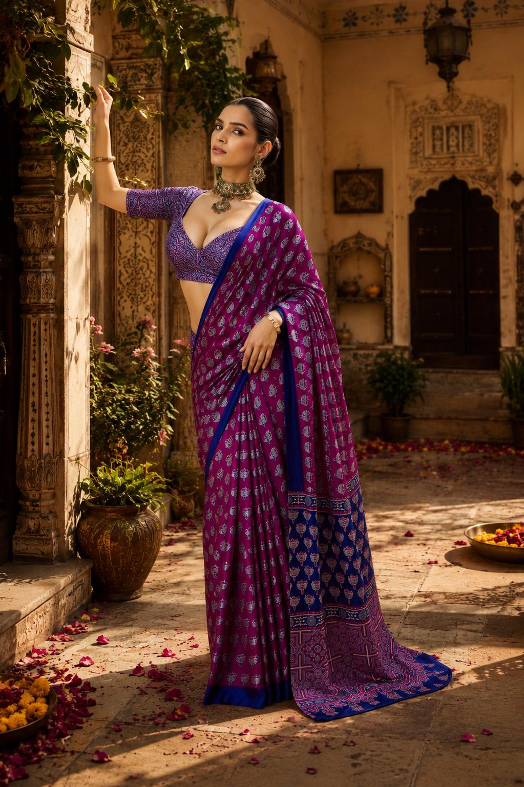 Satin Ajrakh Printed Saree With Unstitched Blouse(wine) image 2