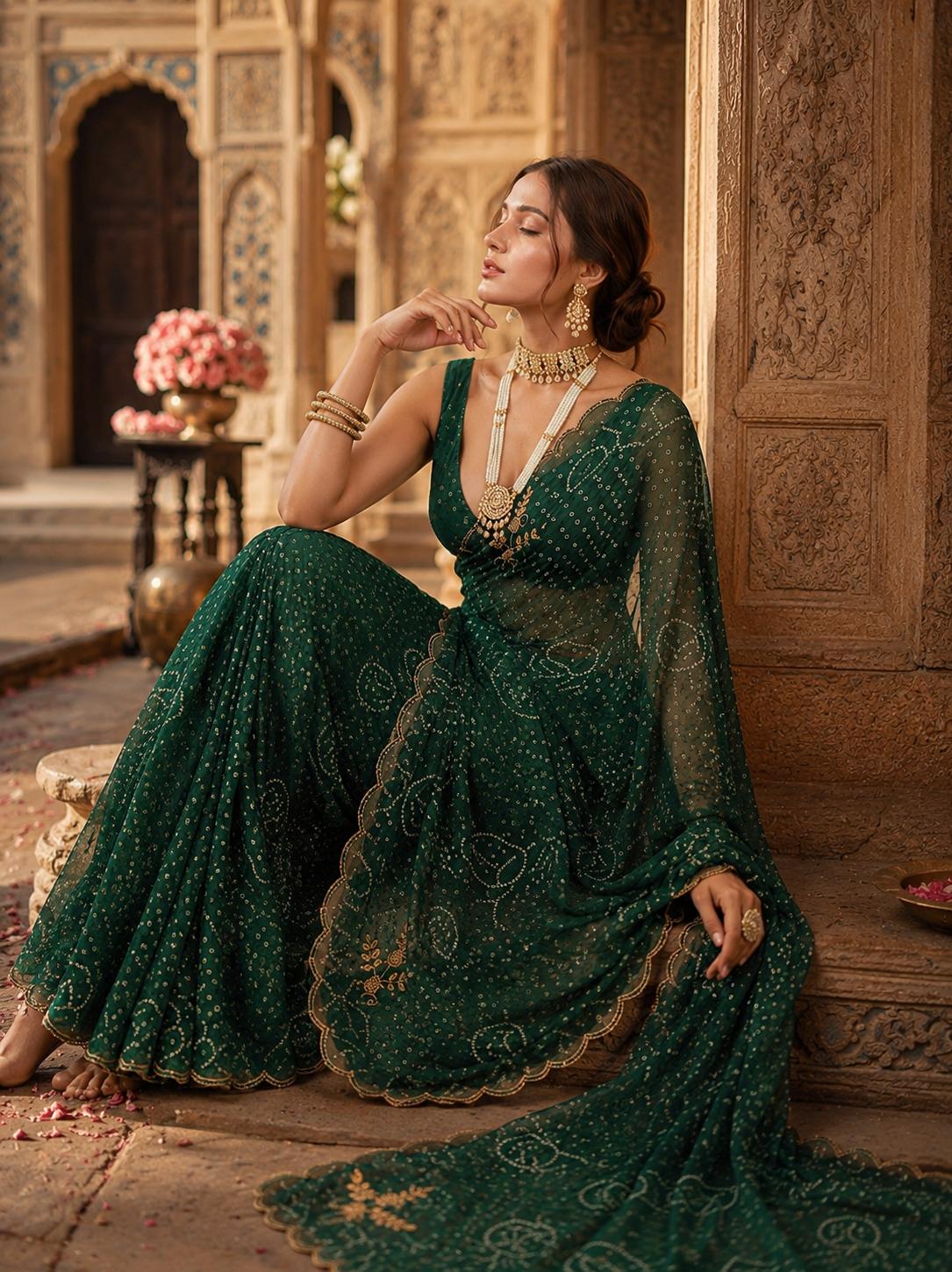 Georgette Hand Work Border Cut Saree With Unstitched Blouse(green) image 2