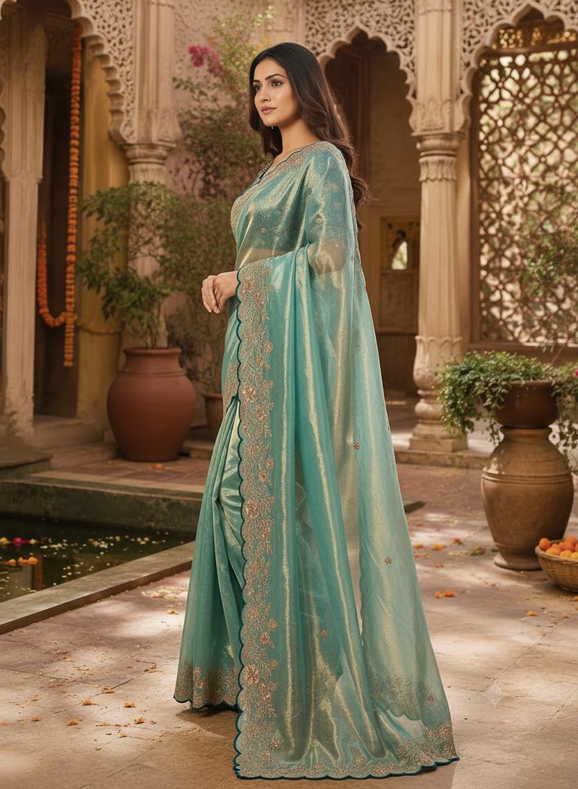 Satin Silk Embroidery Work Saree With Unstitched Blouse(blue) image 2