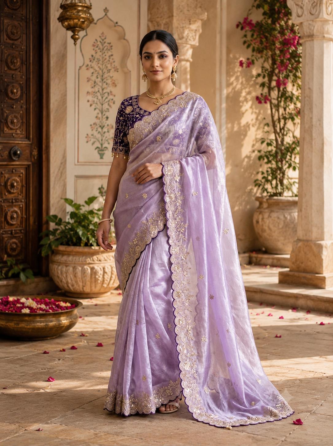 Satin Silk Embroidery Work Saree With Unstitched Blouse(violet) image 2