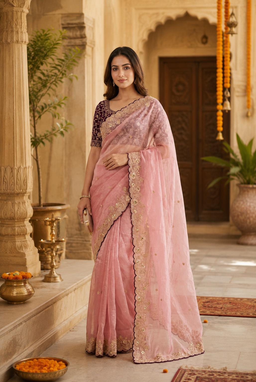 Satin Silk Embroidery Work Saree With Unstitched Blouse(pink) image 2