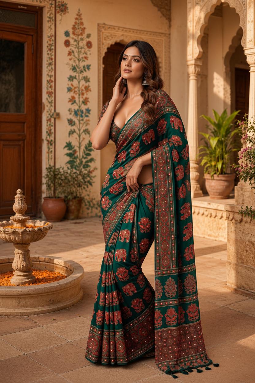 Crepe Silk Ajrakh Printed Saree With Unstitched Blouse(green) image 2