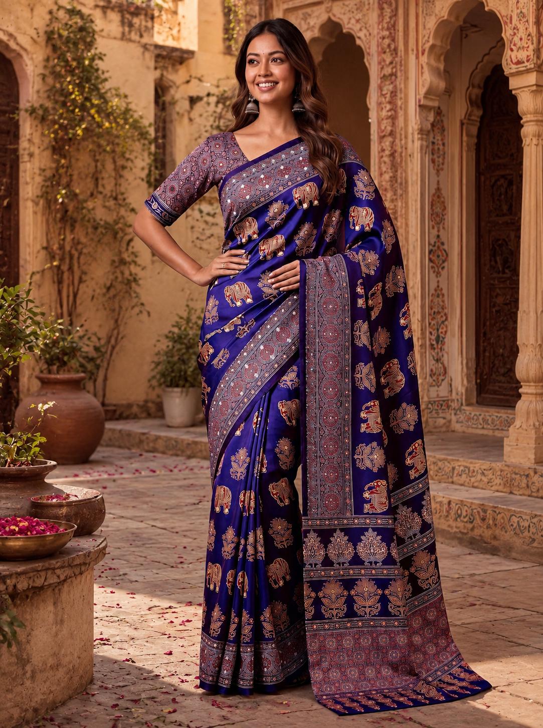 Crepe Silk Ajrakh Printed Saree With Unstitched Blouse(blue) image 2