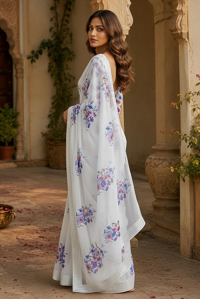 Georgette Floral Print Saree With Unstitched Blouse(white) image 2