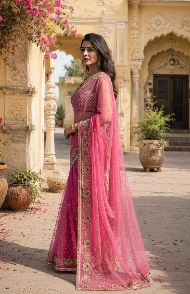 Georgette Sequins Work Saree With Unstitched Blouse(pink) image 2