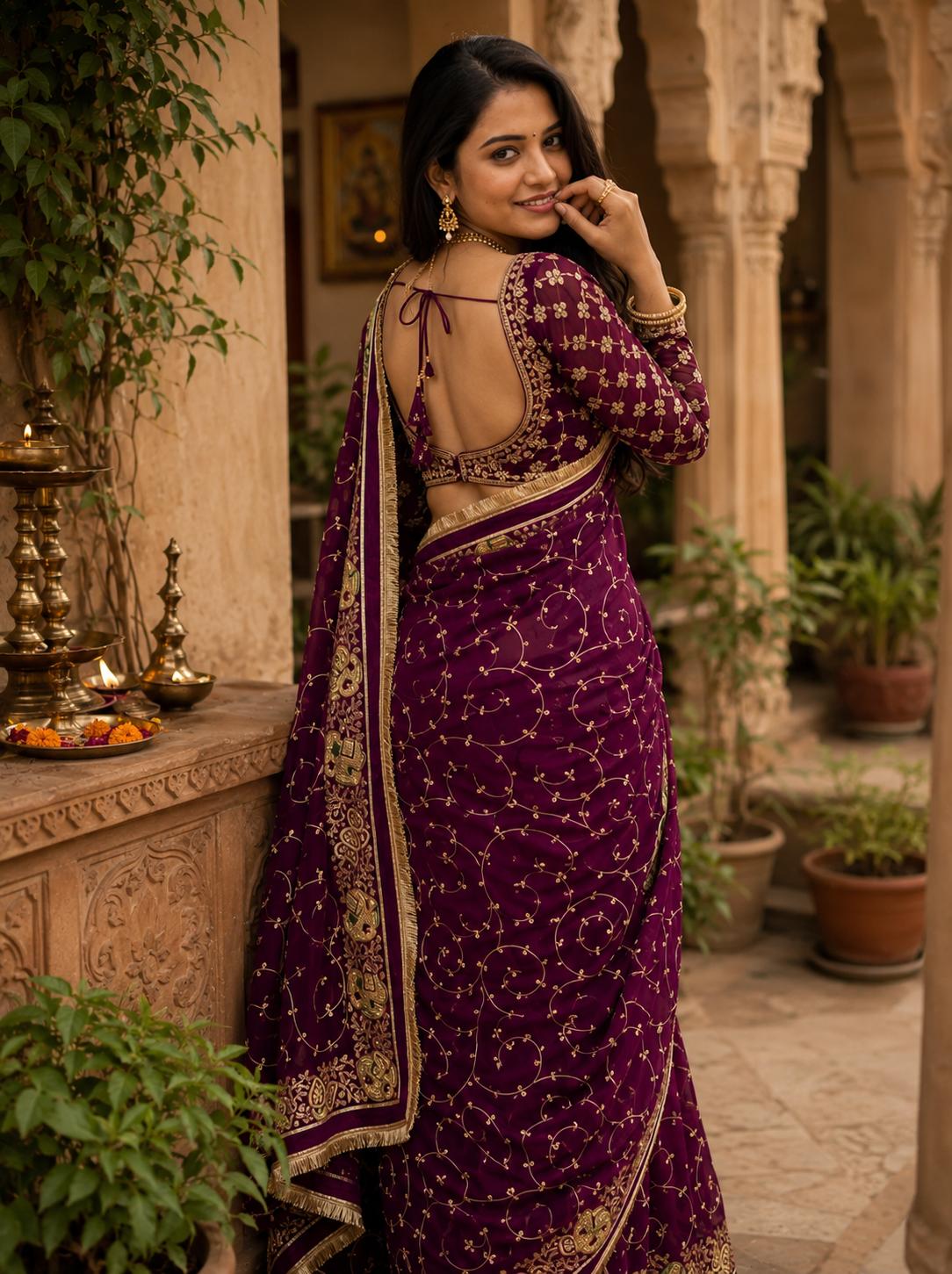 Georgette Sequins Work Saree With Unstitched Blouse(wine) image 2