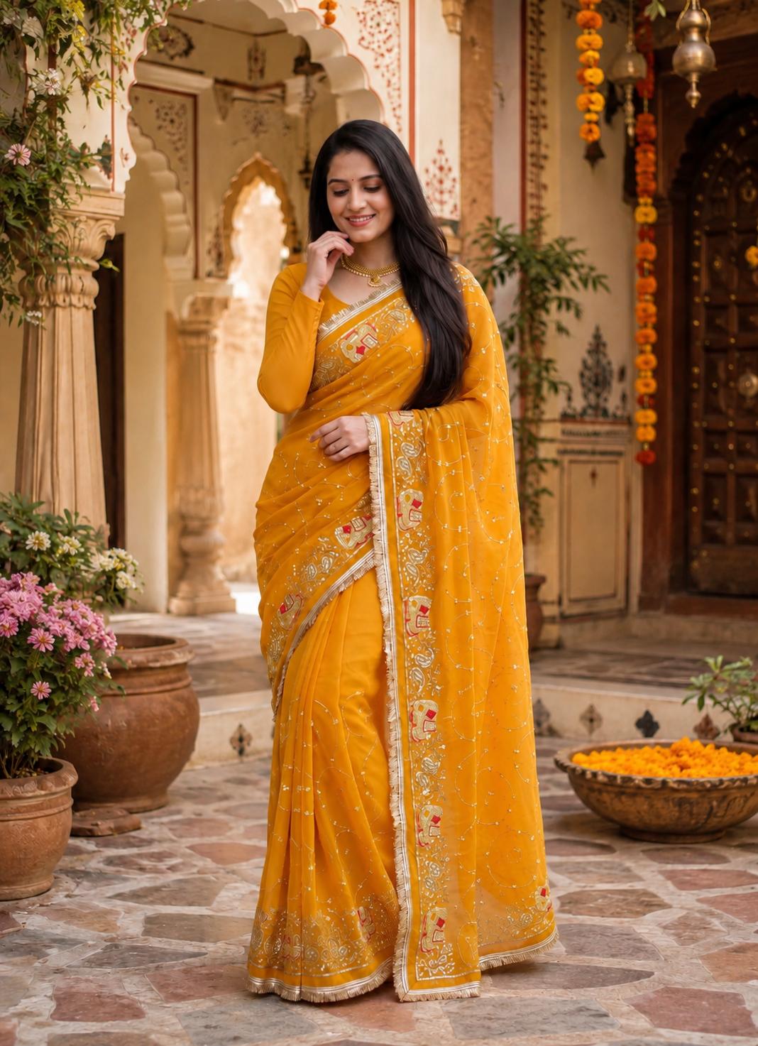 Georgette Sequins Work Saree With Unstitched Blouse(yellow) image 2