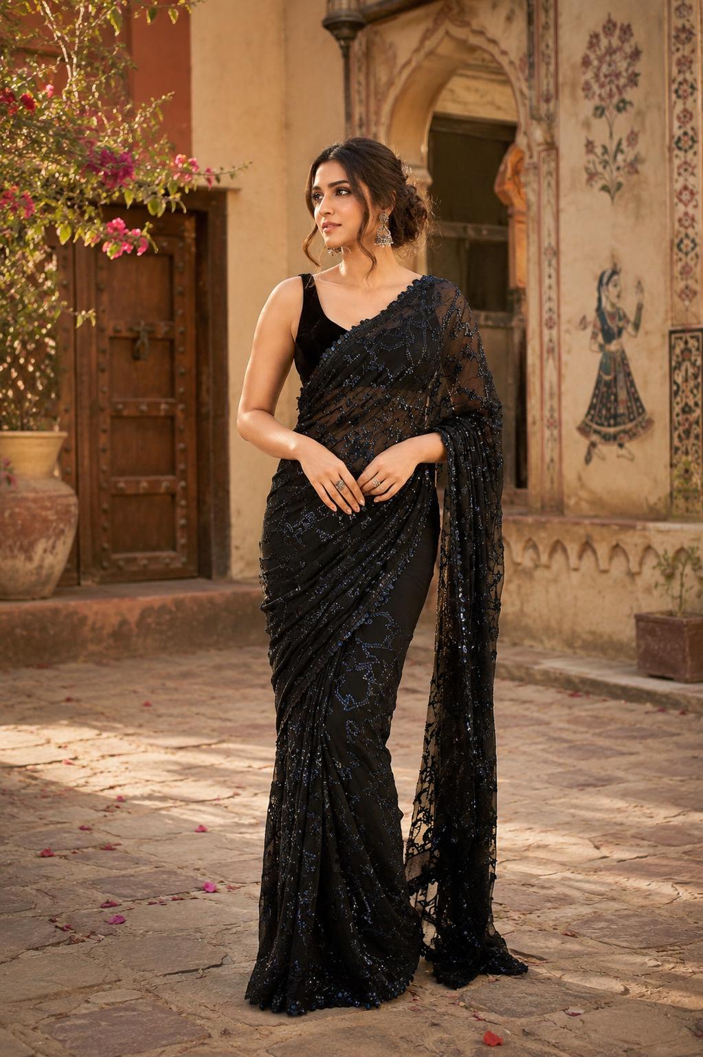 Georgette Embroidery Work Saree With Unstitched Blouse(black) image 2