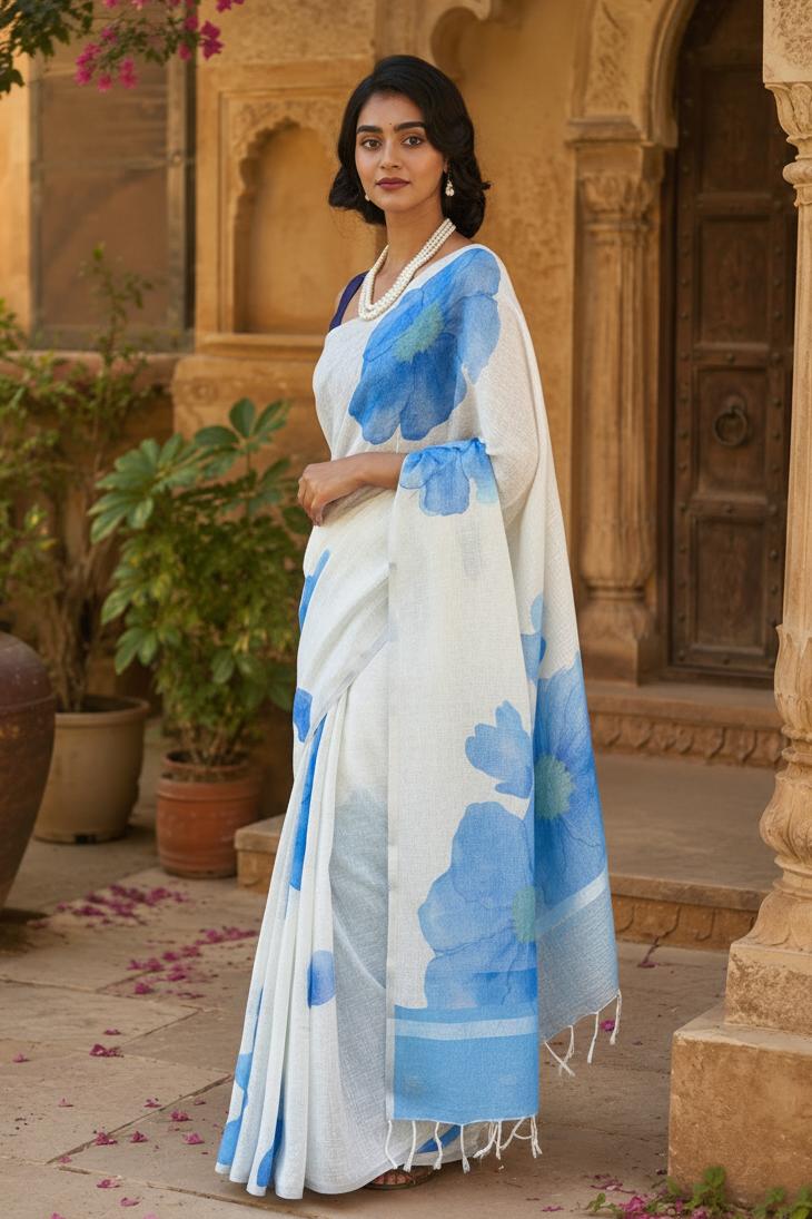 Linen Floral Printed Saree With Unstitched Blouse(blue) image 2